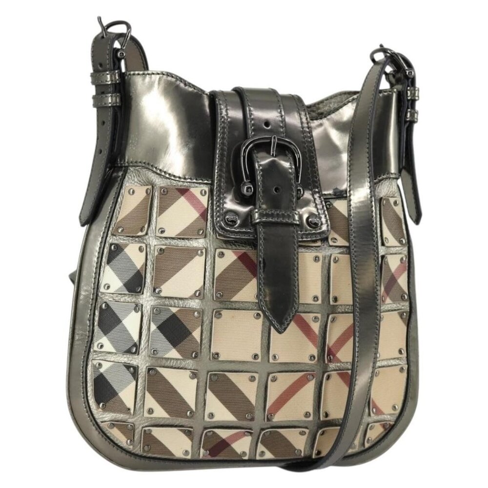 Authentic BURBERRY Nova Check Shoulder Bag PVC Beige Silver
